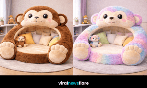 Oversized plush monkey pod lounger bed creating a cosy reading nook in a stylish kids bedroom