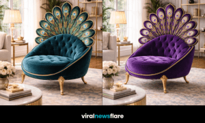 Collection of peacock-shaped luxury velvet armchairs in pink, teal, purple and orange with gold detailing