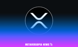 XRP cryptocurrency logo centred on a blue-to-purple gradient background with Metaversopia News branding at the bottom.