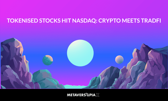 Futuristic illustration representing tokenised stocks on Nasdaq with crypto and traditional finance merging in a digital landscape