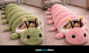Collection of giant caterpillar sleeping bags in pink green rainbow and blue colours for cosy interiors