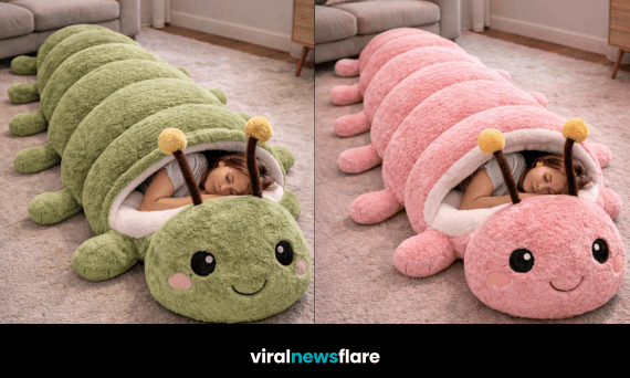 Collection of giant caterpillar sleeping bags in pink green rainbow and blue colours for cosy interiors