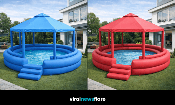 Collection of colourful inflatable dome paddling pools with canopy in modern gardens