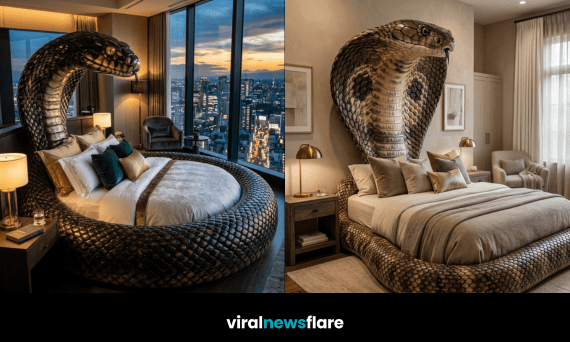 Unique snake-shaped bed wrapped around a mattress in a stylish luxury bedroom interior