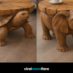 Collection of animal-shaped wooden coffee tables including panda, turtle, elephant and wolf designs