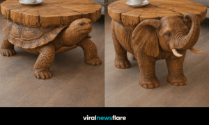 Collection of animal-shaped wooden coffee tables including panda, turtle, elephant and wolf designs