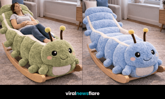 Oversized plush caterpillar rocking lounger chair showcasing playful design and ultimate comfort
