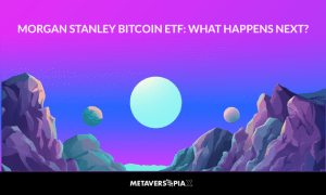 Futuristic landscape illustration representing the impact of Morgan Stanley’s Bitcoin ETF on the crypto market with digital horizon and bold title text