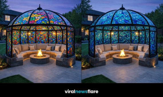 Luxury stained glass garden gazebo with colourful dome, wraparound seating, and central fire pit at dusk