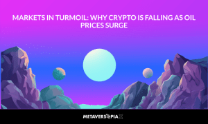 Illustration of a volatile crypto market landscape with rising oil prices and falling digital assets symbolised by a futuristic mountainous scene