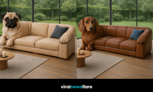 Collection of dog-shaped sofas including pug, labrador, dachshund and french bulldog designs in stylish homes