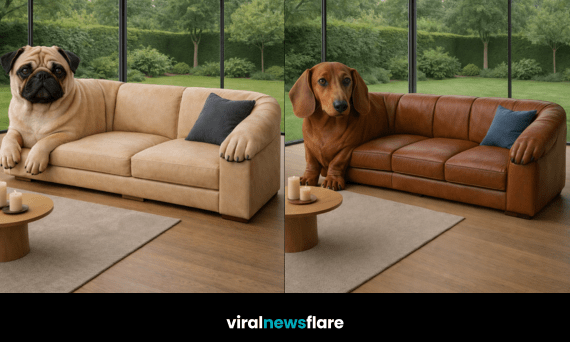 Collection of dog-shaped sofas including pug, labrador, dachshund and french bulldog designs in stylish homes