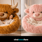 Collection of colourful Highland cow hanging chairs in blue black pink and orange styles for cosy home décor