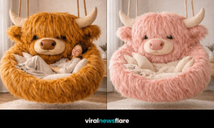 Collection of colourful Highland cow hanging chairs in blue black pink and orange styles for cosy home décor