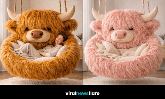 Collection of colourful Highland cow hanging chairs in blue black pink and orange styles for cosy home décor