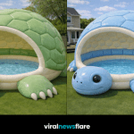 Colourful turtle-shaped inflatable paddling pools creating a fun garden summer feature