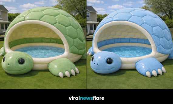 Colourful turtle-shaped inflatable paddling pools creating a fun garden summer feature