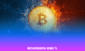 Bitcoin symbol split between fire and ice representing crypto market volatility and contrasting financial forces