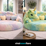 Oversized pastel giant lounger with heart cushions in a bright modern living room