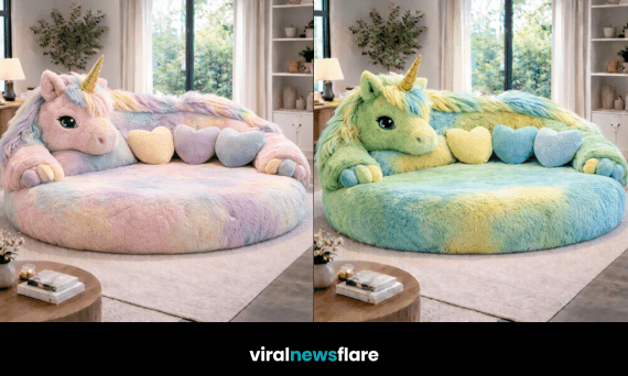 Oversized pastel giant lounger with heart cushions in a bright modern living room