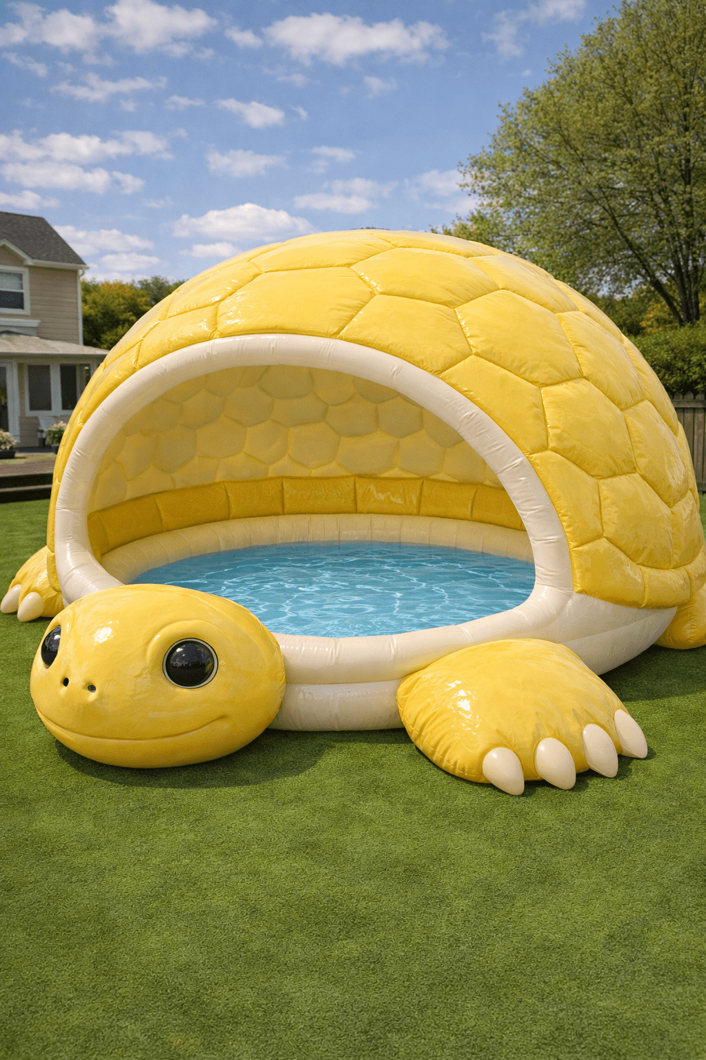 Bright yellow turtle inflatable paddling pool with canopy in outdoor garden