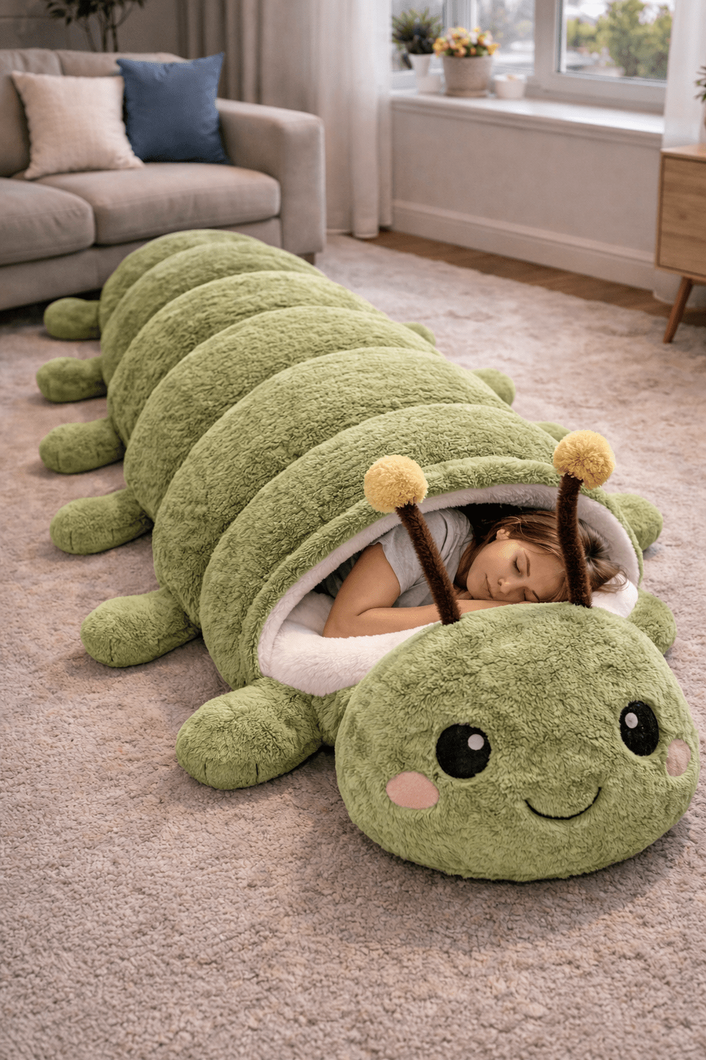 Green caterpillar sleeping bag with soft plush texture used for indoor comfort