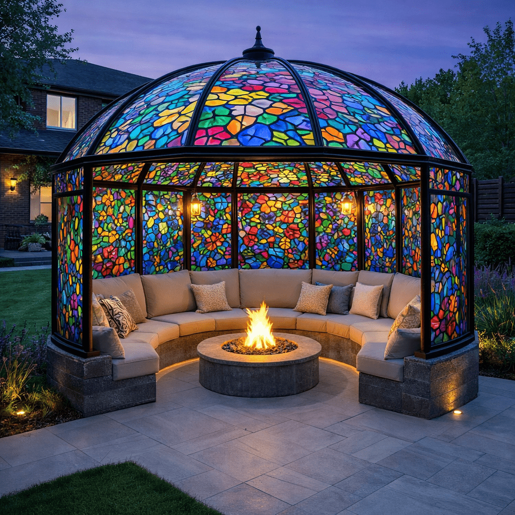 Vibrant multicolour stained glass gazebo with wraparound seating and fire pit in garden setting