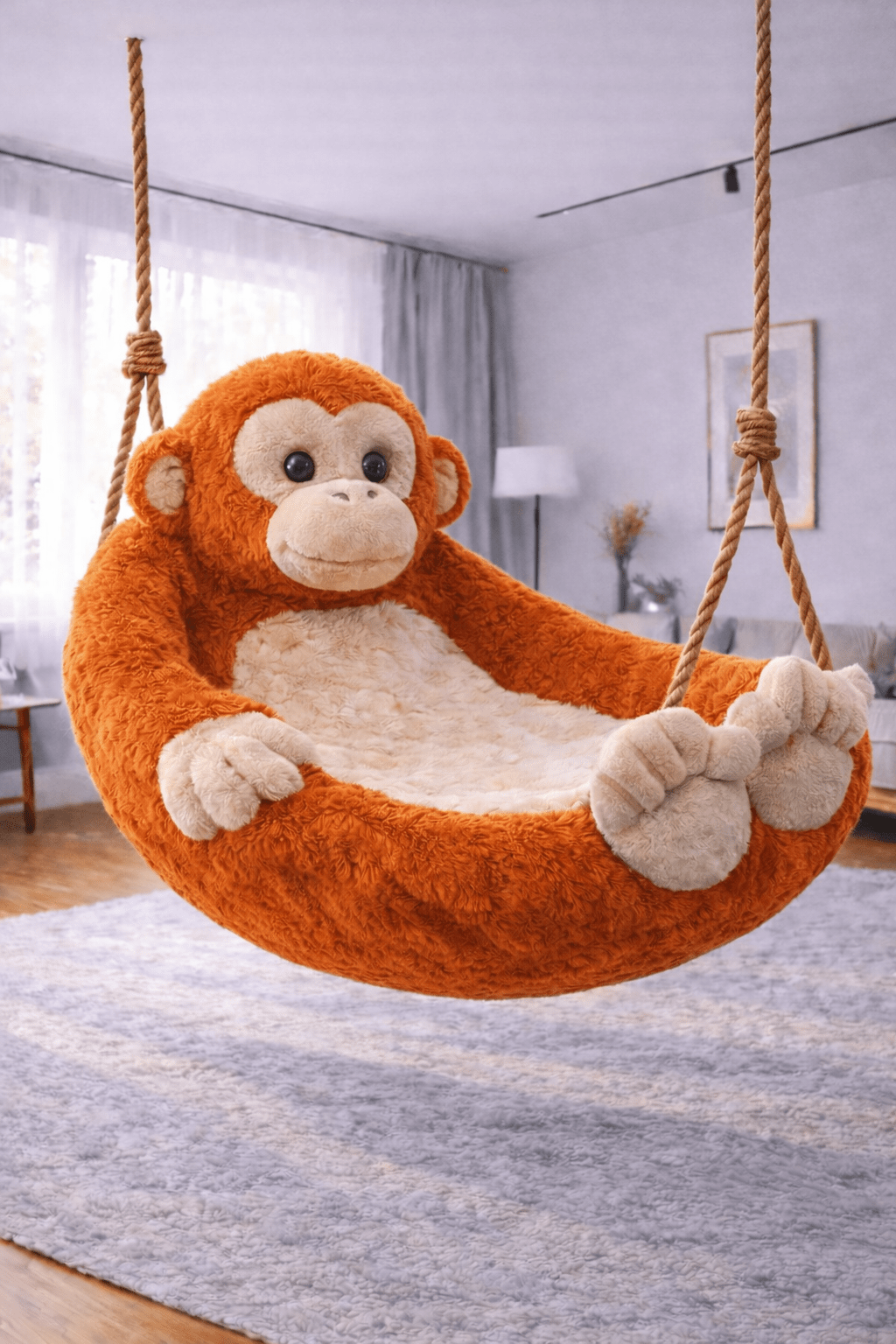 Bright orange monkey swing chair lounger suspended by ropes indoors