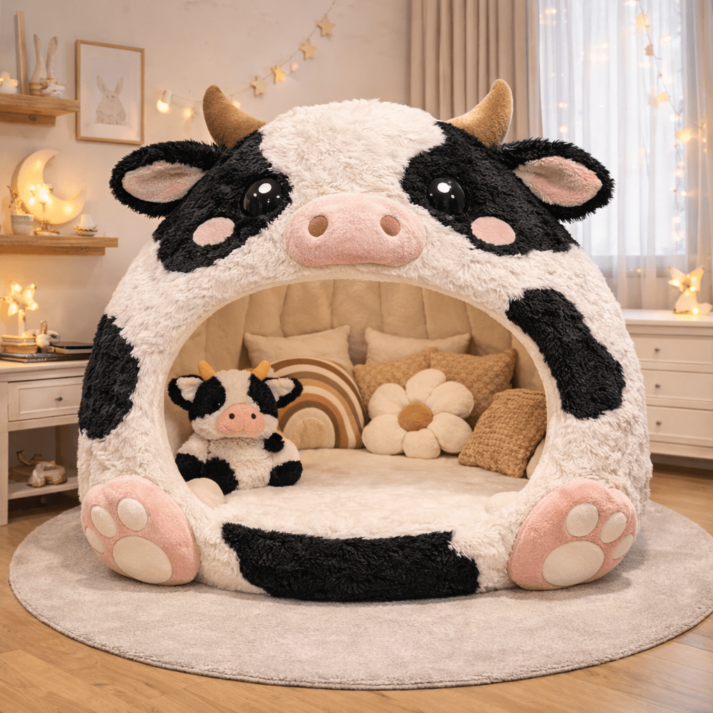 black and white cow-shaped plush lounger pod animal themed kids furniture