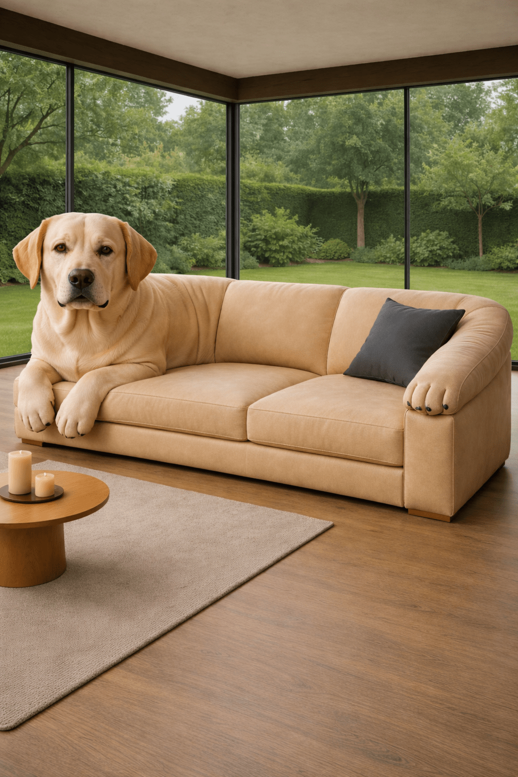 Cream labrador-shaped sofa in a stylish modern living space with natural lighting