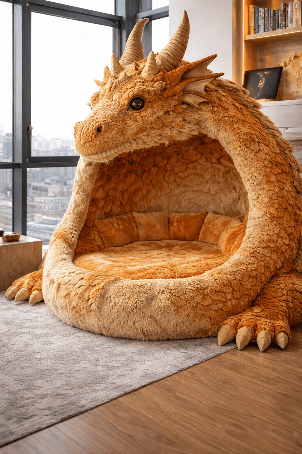 Large orange dragon-shaped lounger pod featuring detailed scales and a comfortable seating space