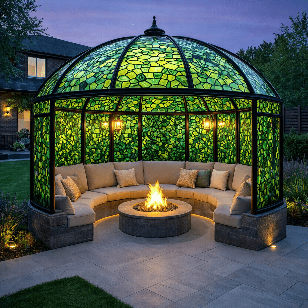 Green stained glass dome gazebo with cushioned seating and central fire pit surrounded by garden
