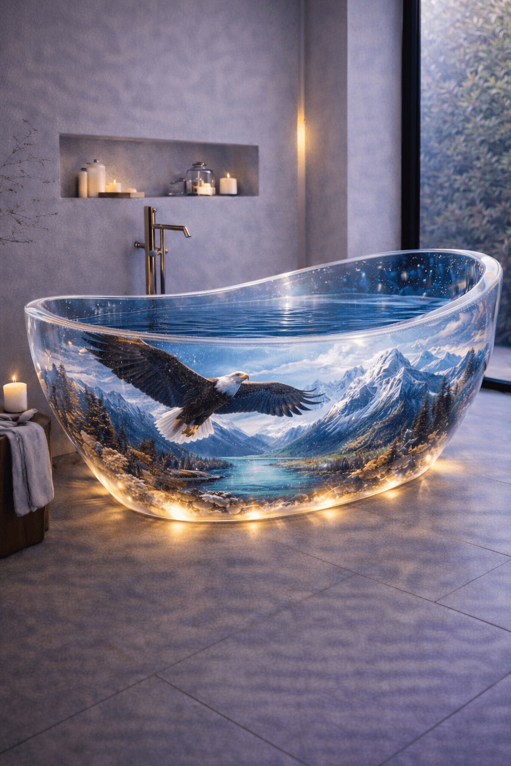Scenic transparent bathtub showing an eagle soaring above a peaceful alpine lake surrounded by mountains