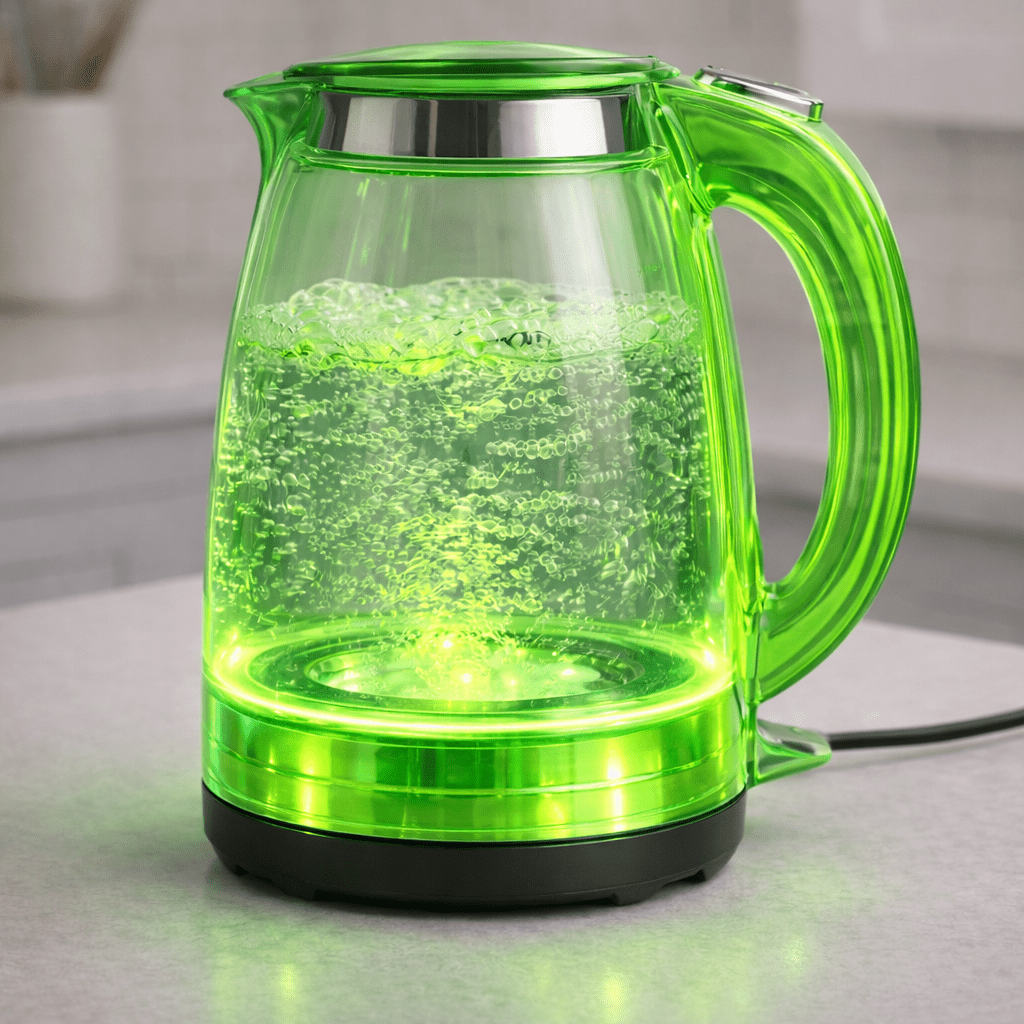 Green LED illuminated transparent kettle with bubbling boiling water