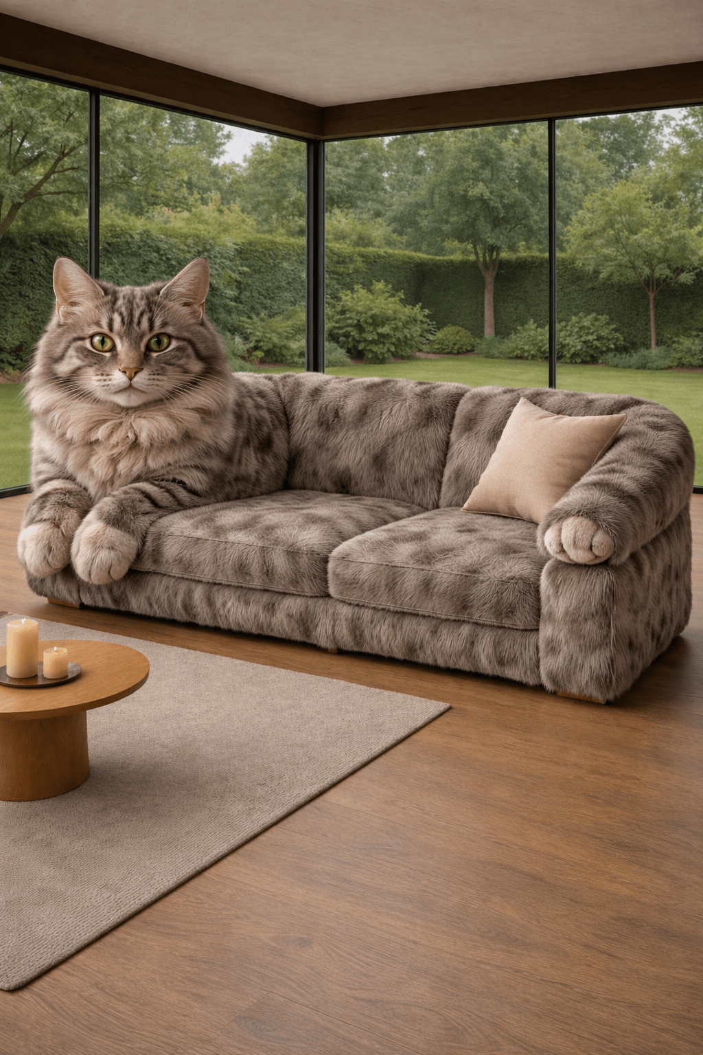 Grey tabby cat-shaped sofa with soft plush finish in a bright modern lounge