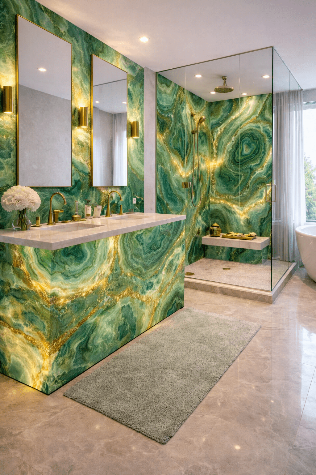 Emerald green illuminated onyx bathroom featuring gold veining, brass fittings and frameless glass shower