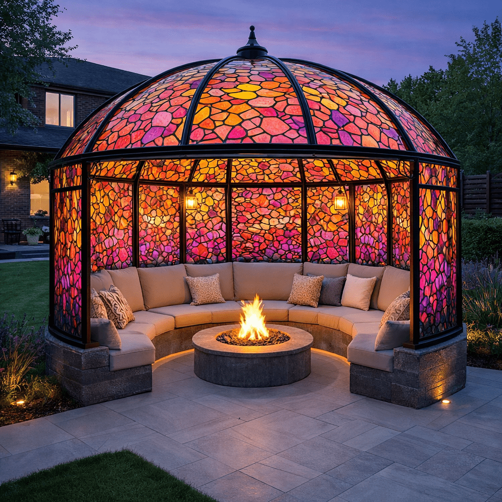 Orange and red canopy with circular sofa and glowing fire pit at evening