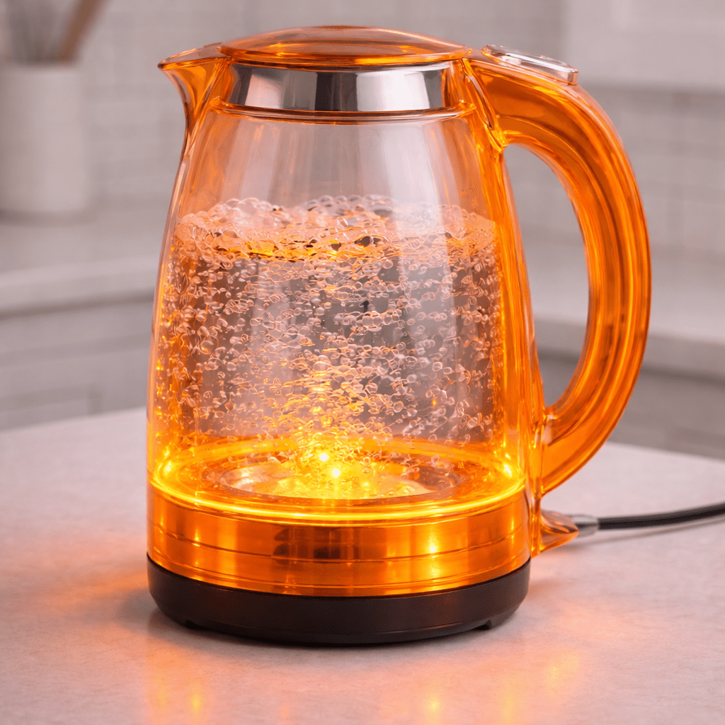 Orange LED transparent kettle glowing while boiling water on kitchen counter