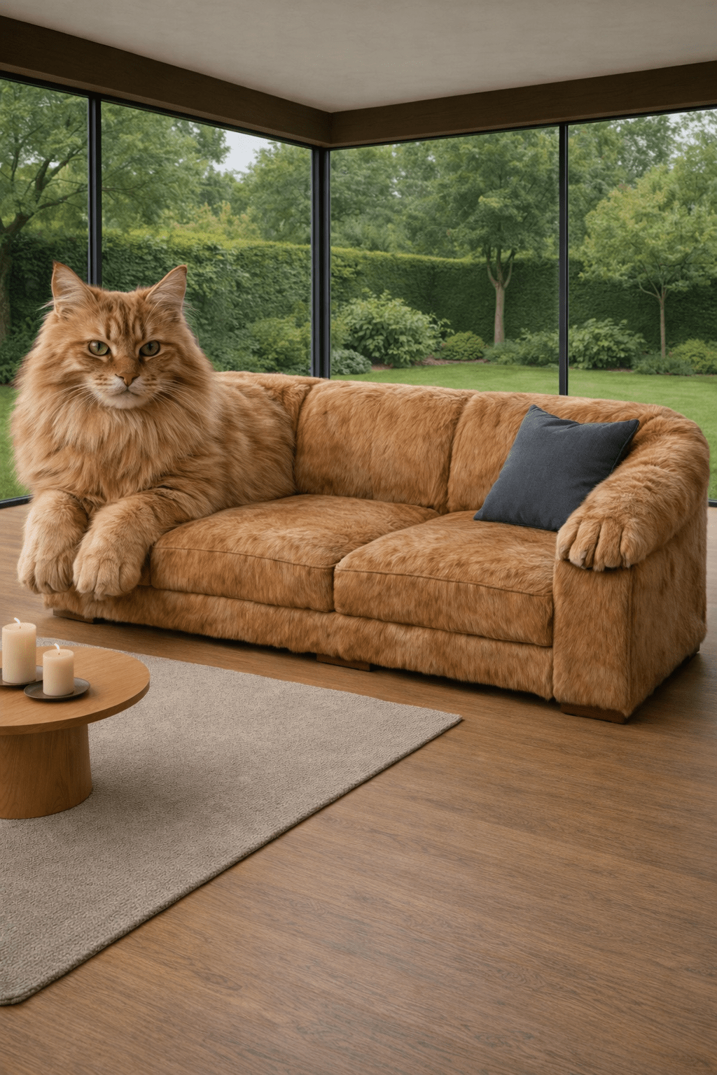 Ginger sofa with fluffy texture in a stylish living room setting