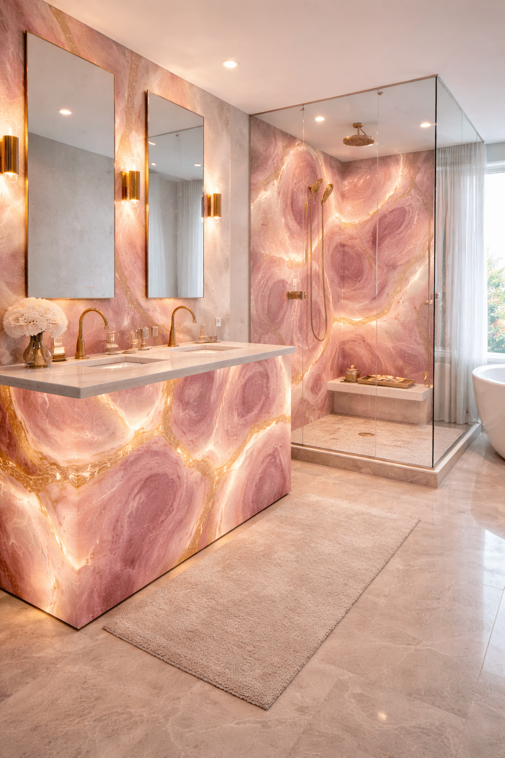 Blush pink agate-inspired bathroom with glowing illuminated walls, brass fixtures and marble flooring