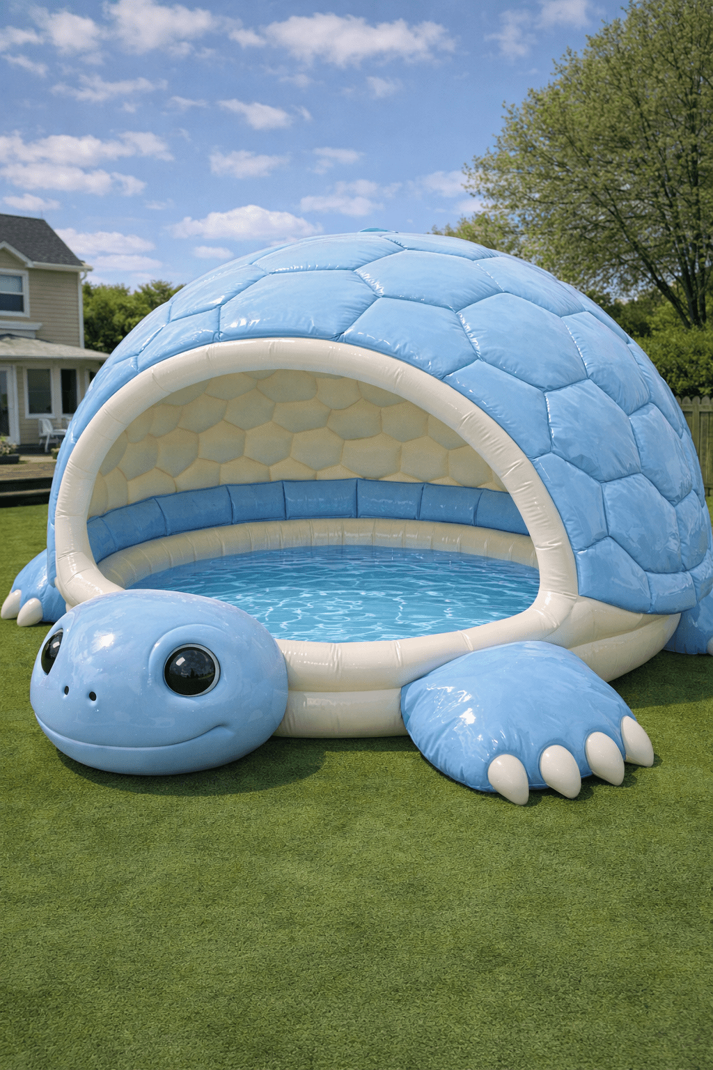 Blue inflatable paddling pool with shaded dome in backyard