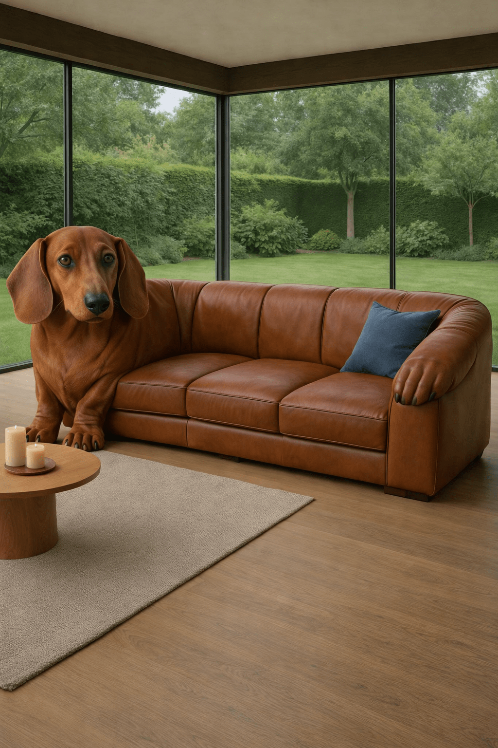 Brown leather dachshund-shaped sofa in a contemporary living room with wooden flooring