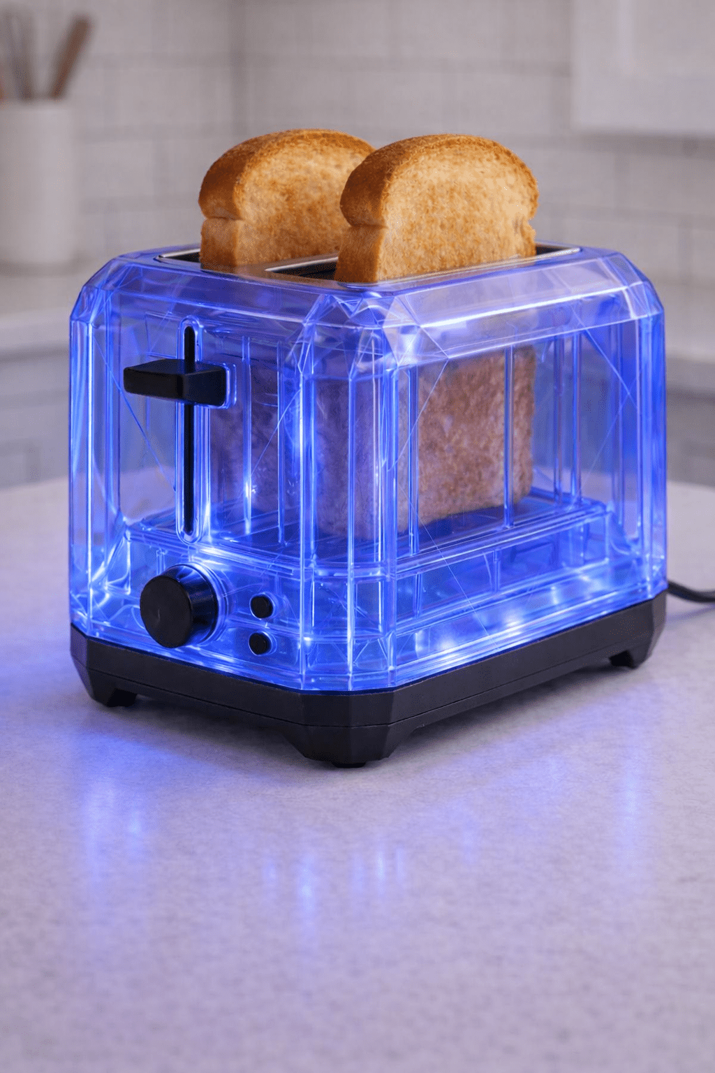 futuristic blue transparent toaster with glowing casing and toast slices in contemporary kitchen