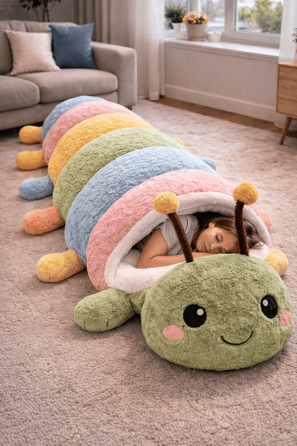 Rainbow coloured caterpillar sleeping bag with segmented plush body in home setting
