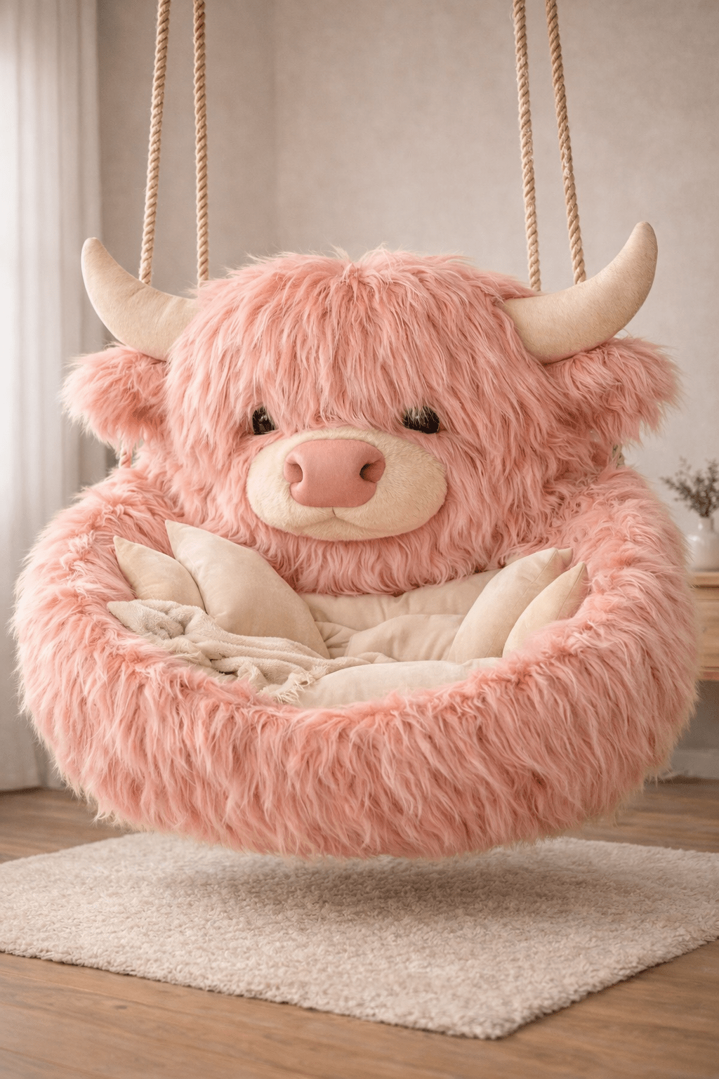 Pink fluffy cow-themed hanging chair with cushions in a warm bedroom space