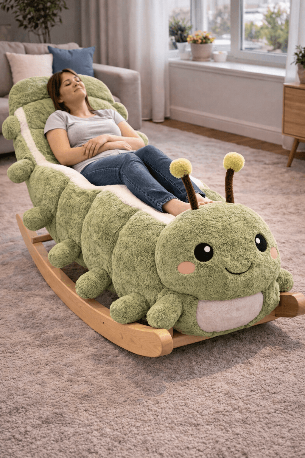 Large green caterpillar rocking lounger chair with soft plush texture and ergonomic design
