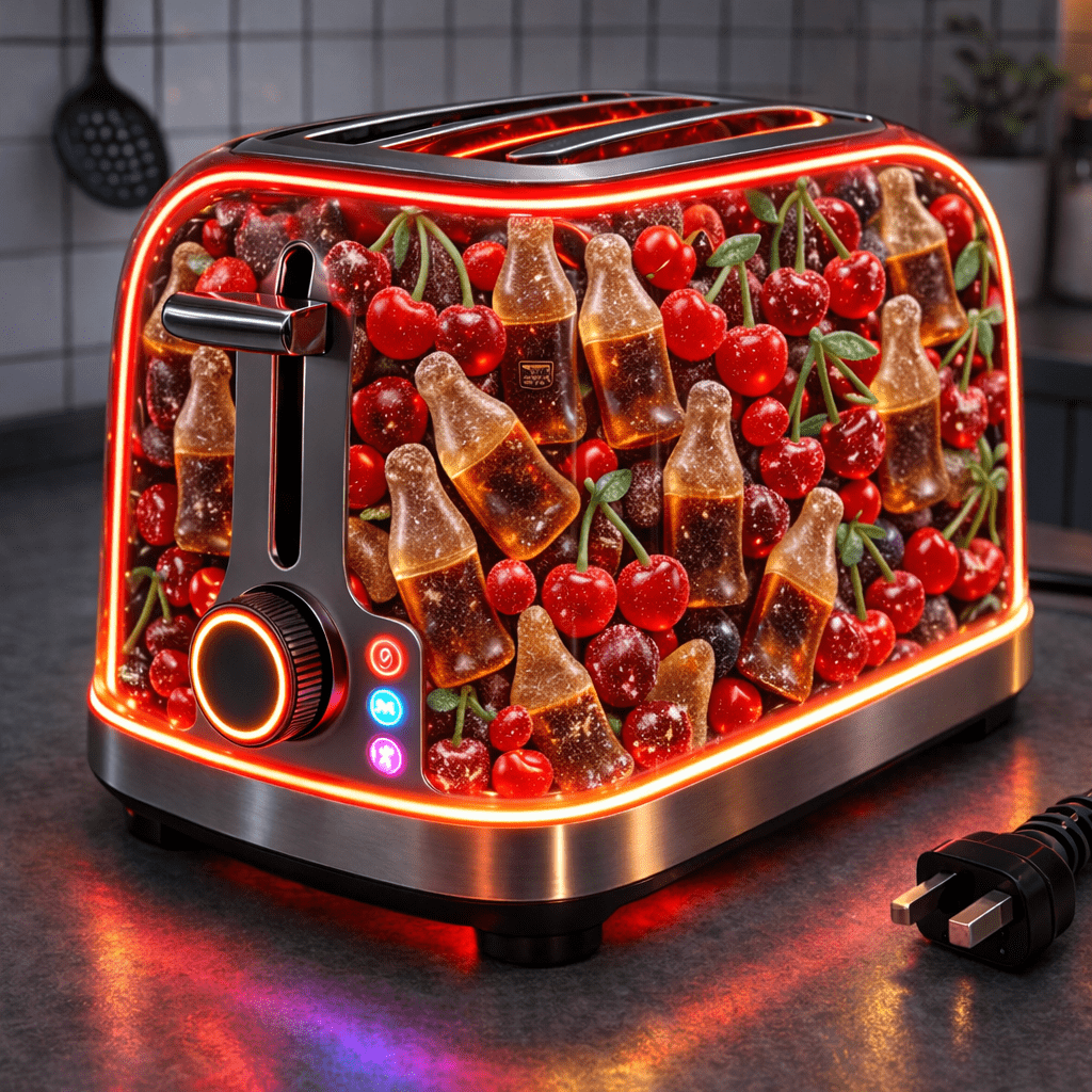 transparent toaster design filled with cola bottle sweets and cherries with glowing LED edges