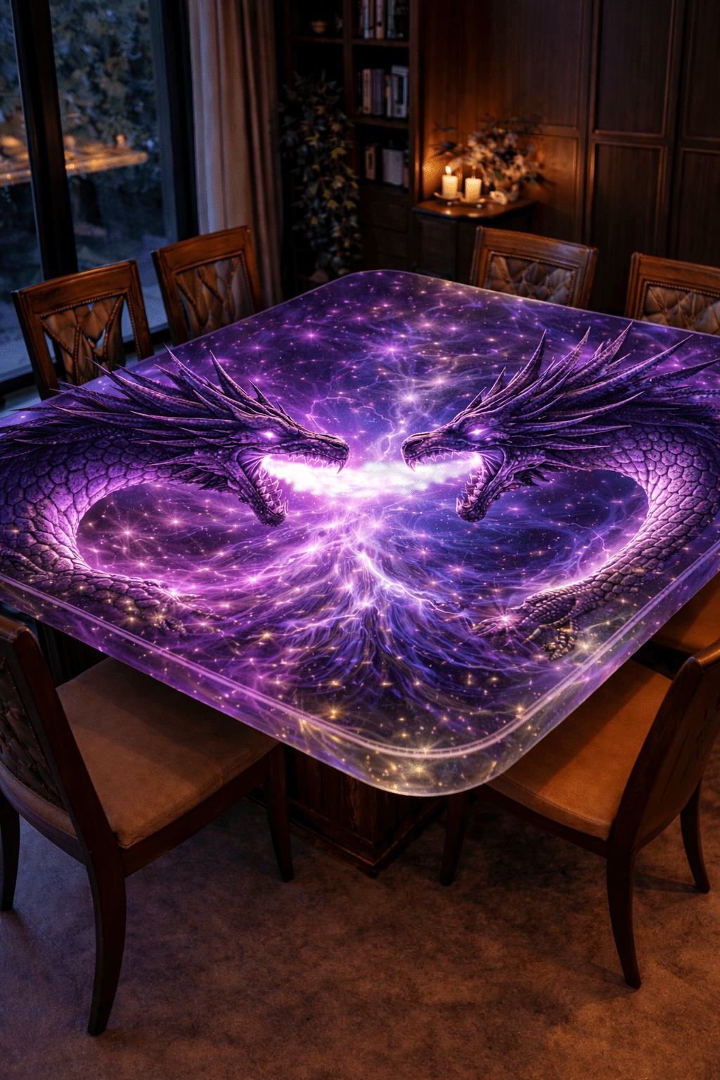 glowing purple dragon battle scene embedded inside a galaxy-themed epoxy resin dining table