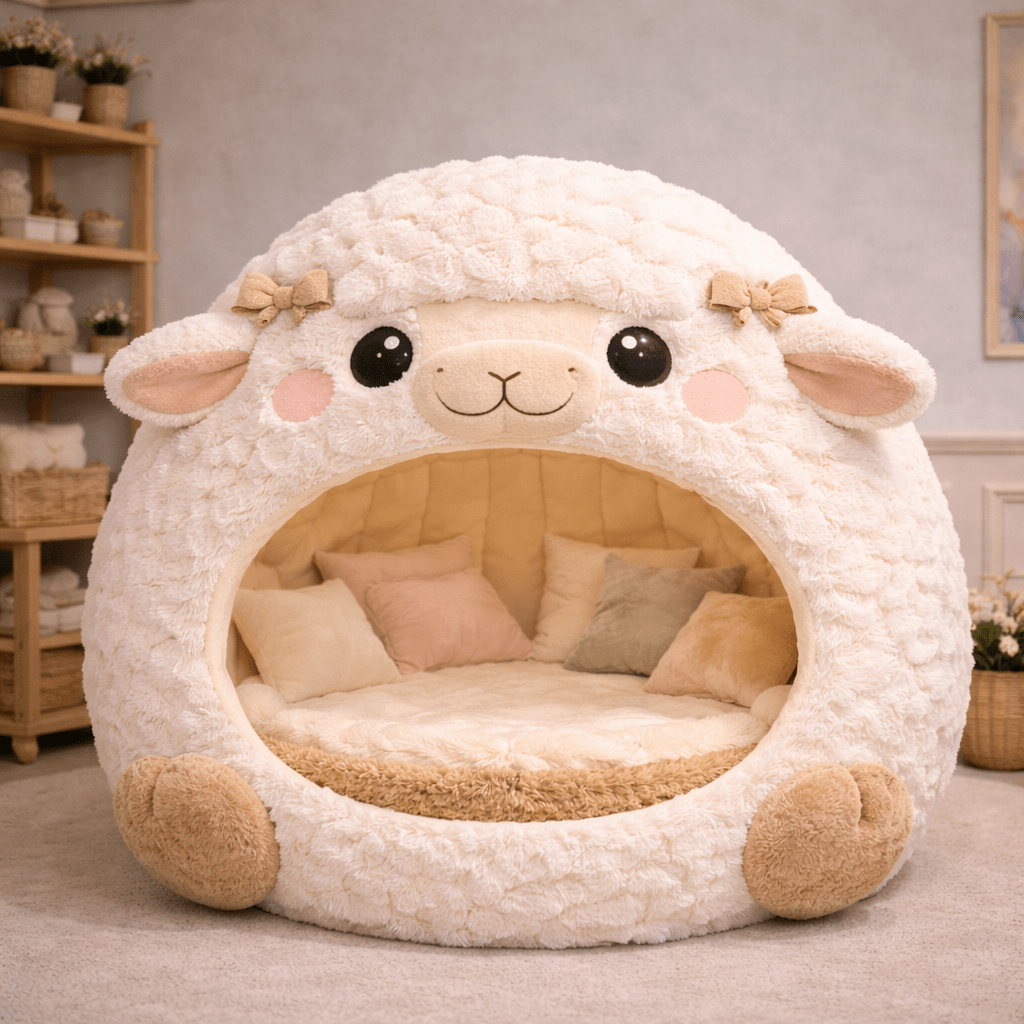 white sheep shaped plush lounger pod with soft fleece texture and cosy seating