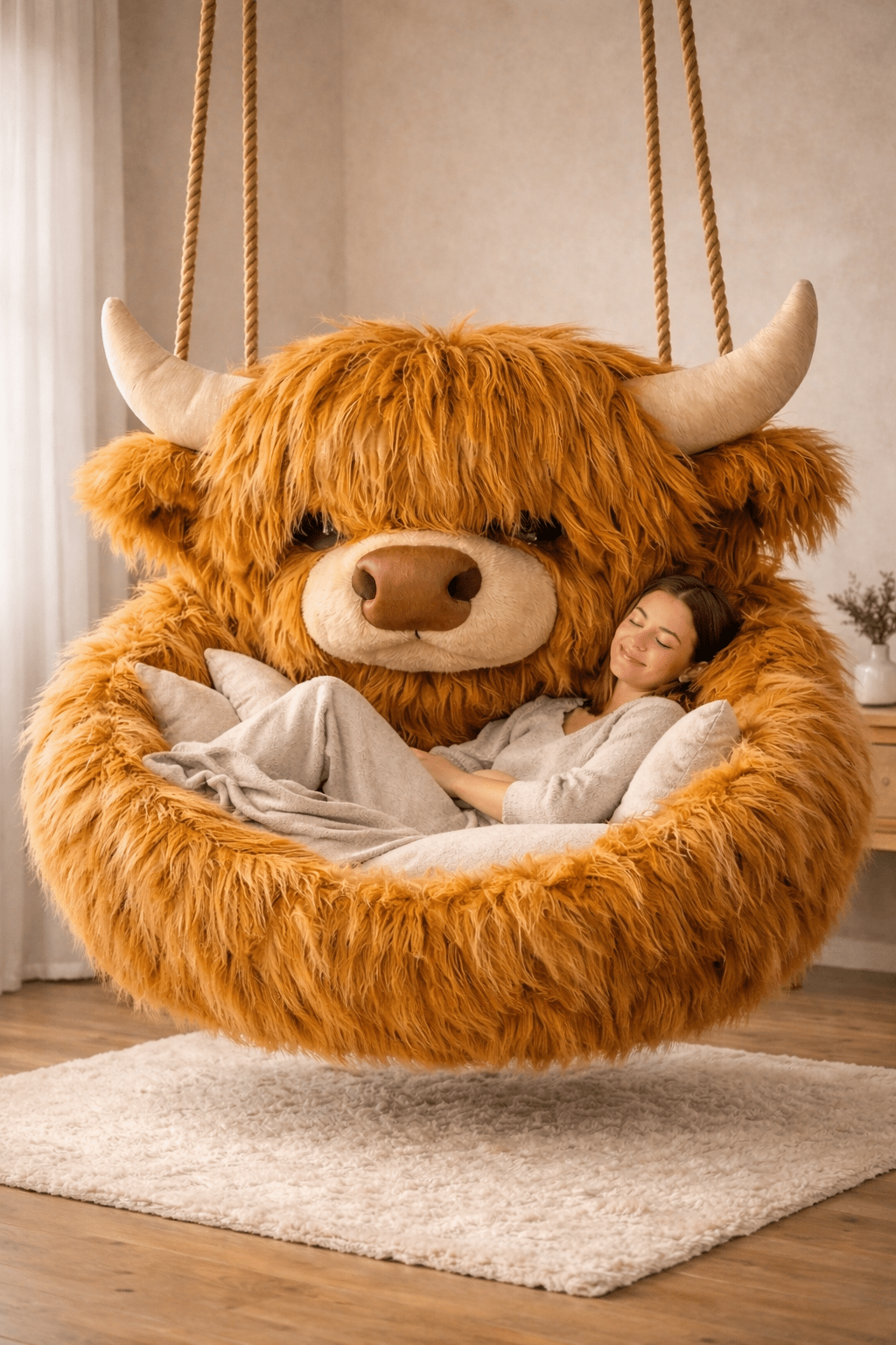 Orange Highland cow hanging swing chair with a person relaxing inside in a cosy room